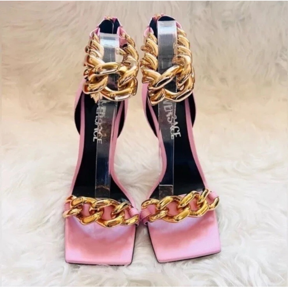 New! VERSACE Medusa Chain Square Toe Heels Pink Leather Gold Hardware Sandals - Picture 7 of 15